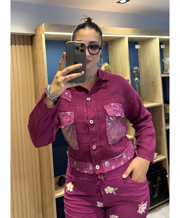 İtalyan Püsküllü Kesim Keten Ceket 82263 Magenta