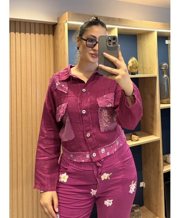 İtalyan Püsküllü Kesim Keten Ceket 82263 Magenta