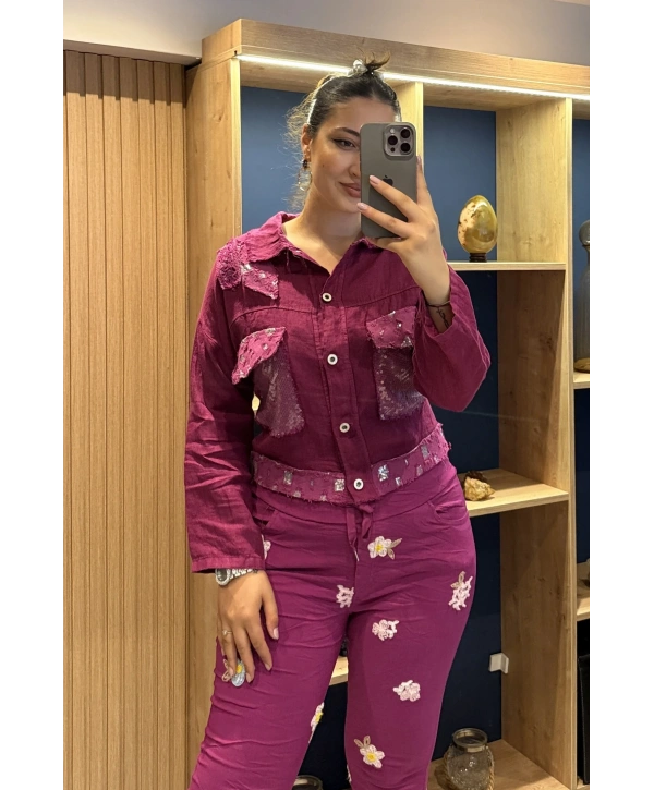 İtalyan Püsküllü Kesim Keten Ceket 82263 Magenta