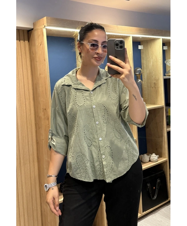İtalyan Şal Desenli Fistolu Gömlek 23019 Haki