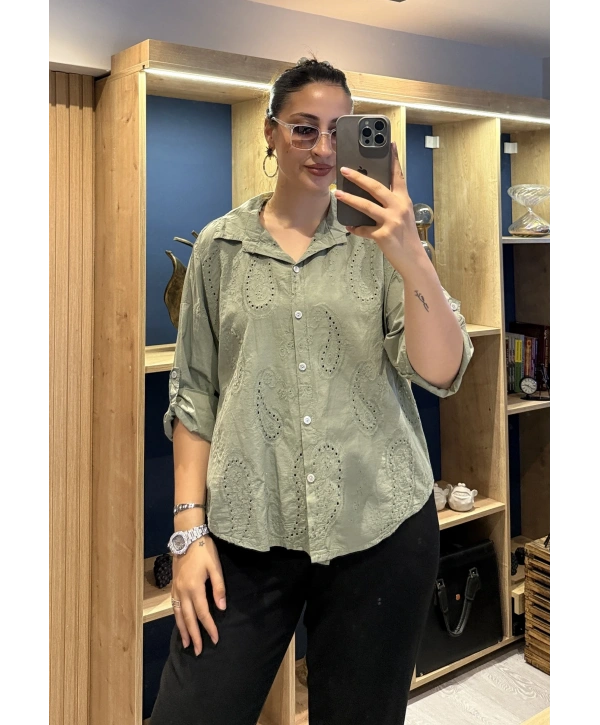 İtalyan Şal Desenli Fistolu Gömlek 23019 Haki