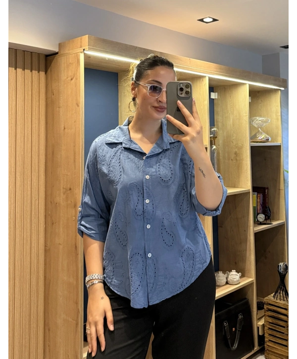 İtalyan Şal Desenli Fistolu Gömlek 23019 İndigo