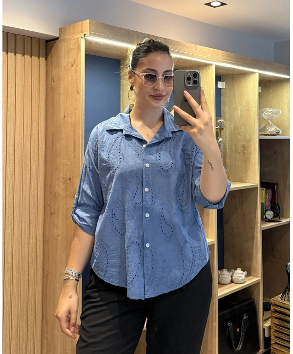 İtalyan Şal Desenli Fistolu Gömlek 23019 İndigo