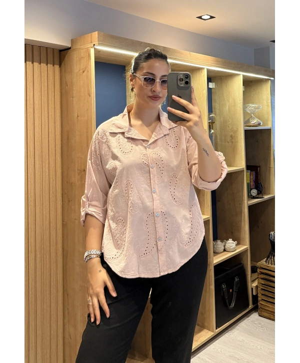 İtalyan Şal Desenli Fistolu Gömlek 23019 Pudra