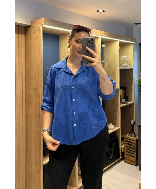 İtalyan Şal Desenli Fistolu Gömlek 23019 Sax
