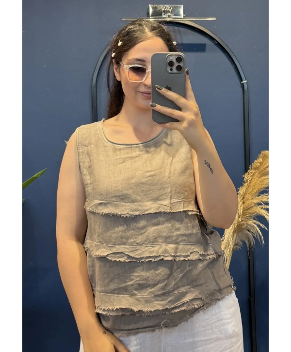 İtalyan Sıfır Kol Püsküllü Keten Bluz Camel 18125