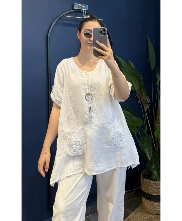 İtalyan Tek Düğmeli Cebi Çiçek işlemeli Tunik 6293 Beyaz