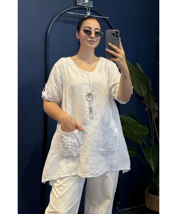 İtalyan Tek Düğmeli Cebi Çiçek işlemeli Tunik 6293 Beyaz
