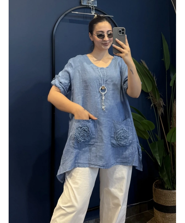 İtalyan Tek Düğmeli Cebi Çiçek işlemeli Tunik 6293 İndigo