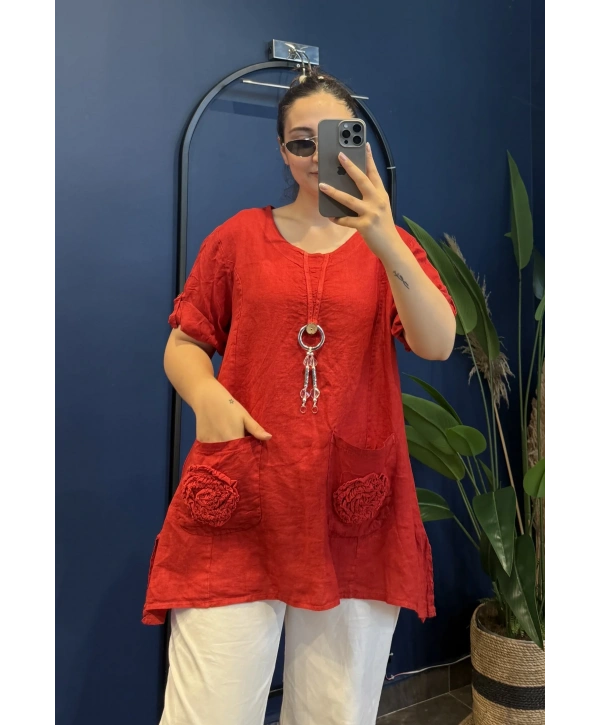 İtalyan Tek Düğmeli Cebi Çiçek işlemeli Tunik 6293 Kırmızı