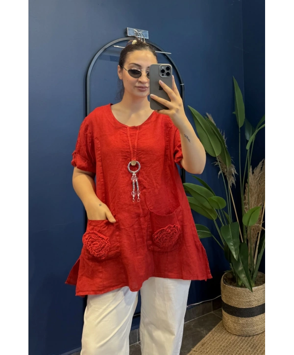 İtalyan Tek Düğmeli Cebi Çiçek işlemeli Tunik 6293 Kırmızı