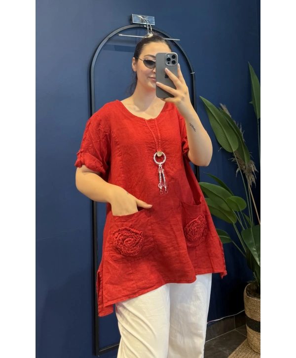 İtalyan Tek Düğmeli Cebi Çiçek işlemeli Tunik 6293 Kırmızı