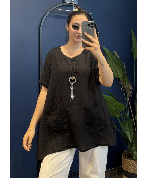 İtalyan Tek Düğmeli Cebi Çiçek işlemeli Tunik 6293 Siyah