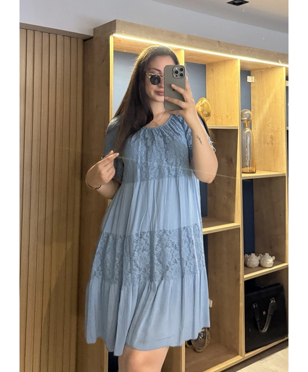 İtalyan Yakası Lastikli Dantelli Elbise İndigo
