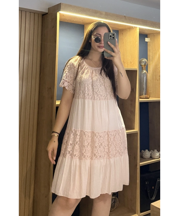 İtalyan Yakası Lastikli Dantelli Elbise Pembe