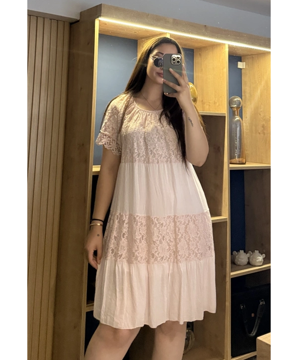 İtalyan Yakası Lastikli Dantelli Elbise Pembe