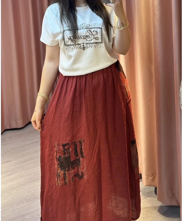 İtalyan Yamalı Keten Etek Bordo