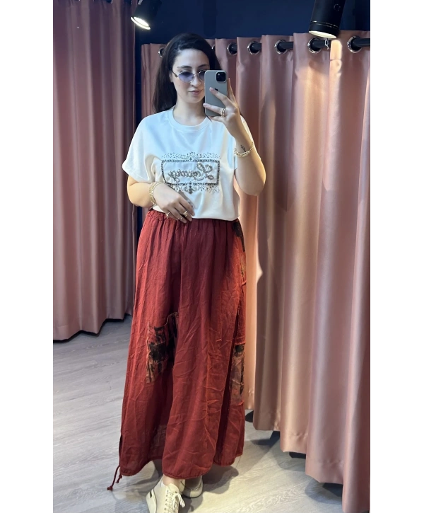 İtalyan Yamalı Keten Etek Bordo