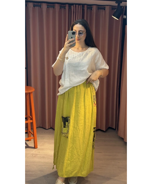 İtalyan Yamalı Keten Etek Hardal