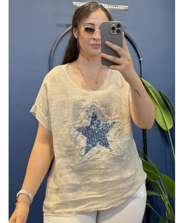 İtalyan Yıldız Desenli Bluz 82722 Bej