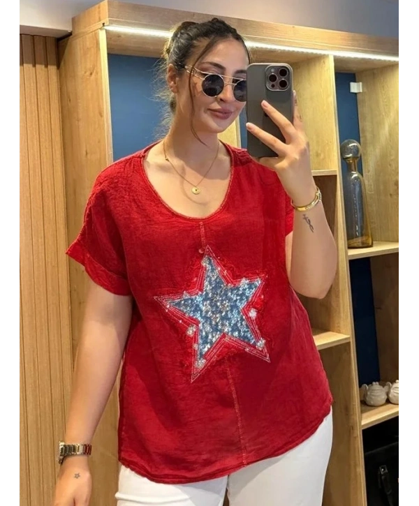 İtalyan Yıldız Desenli Bluz 82722 Kırmızı