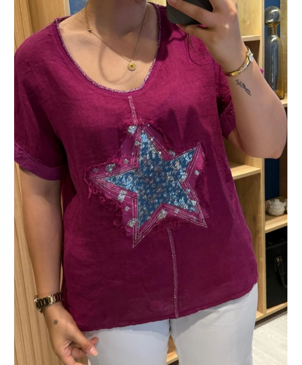 İtalyan Yıldız Desenli Bluz 82722 Magenta