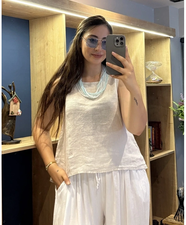 Kalın Askılı Arkadan Bağlamalı Keten Bluz Bej