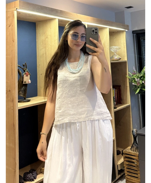 Kalın Askılı Arkadan Bağlamalı Keten Bluz Bej