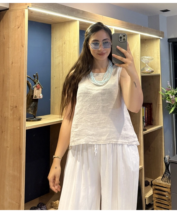 Kalın Askılı Arkadan Bağlamalı Keten Bluz Bej
