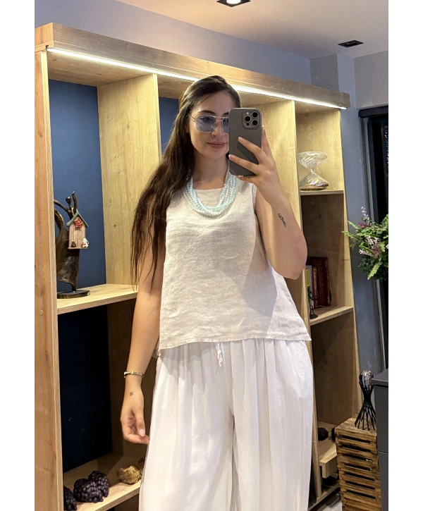 Kalın Askılı Arkadan Bağlamalı Keten Bluz Bej