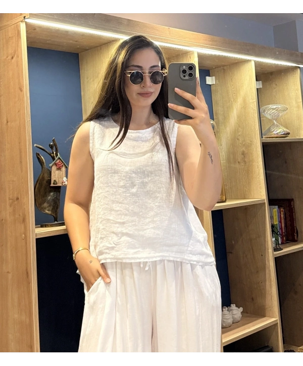 Kalın Askılı Arkadan Bağlamalı Keten Bluz Beyaz