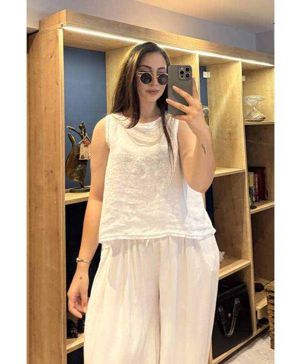 Kalın Askılı Arkadan Bağlamalı Keten Bluz Beyaz