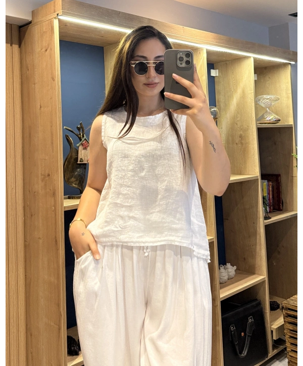Kalın Askılı Arkadan Bağlamalı Keten Bluz Beyaz