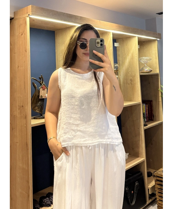 Kalın Askılı Arkadan Bağlamalı Keten Bluz Beyaz