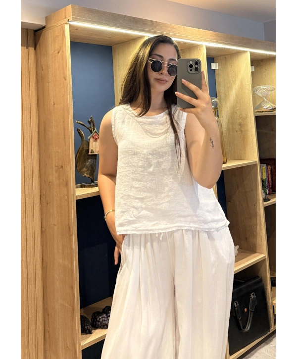 Kalın Askılı Arkadan Bağlamalı Keten Bluz Beyaz