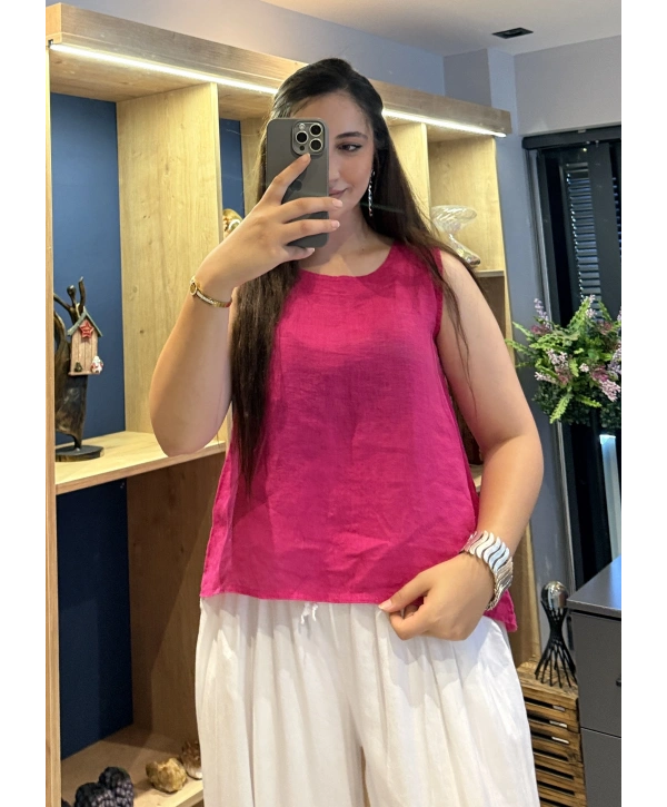Kalın Askılı Arkadan Bağlamalı Keten Bluz Fuşya