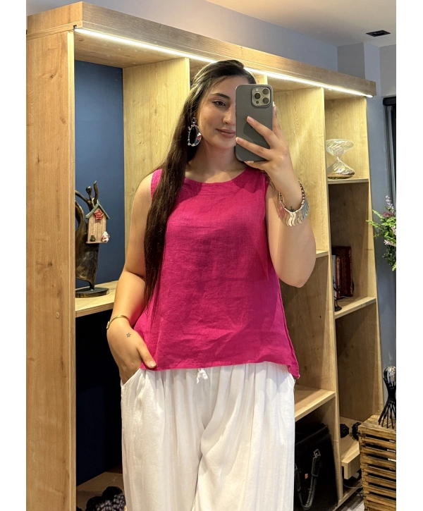 Kalın Askılı Arkadan Bağlamalı Keten Bluz Fuşya