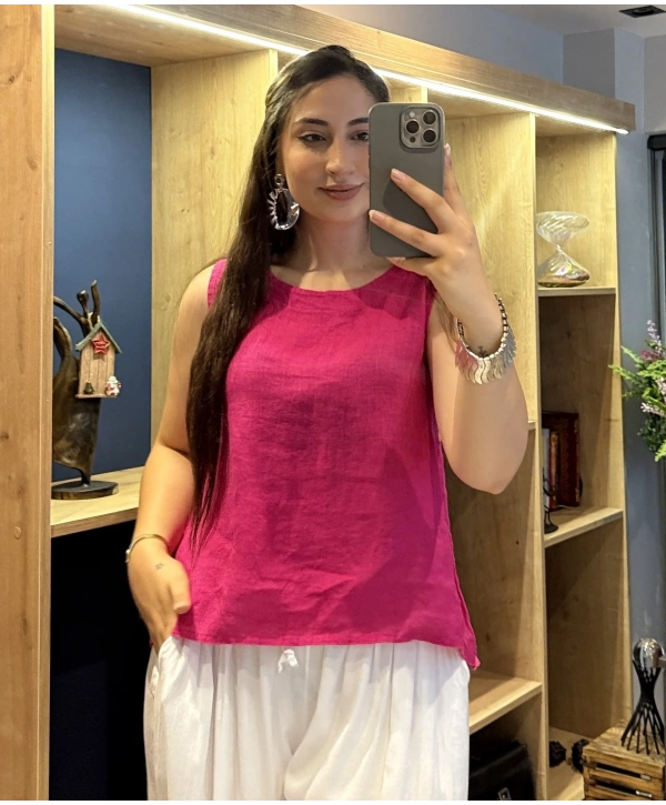 Kalın Askılı Arkadan Bağlamalı Keten Bluz Fuşya