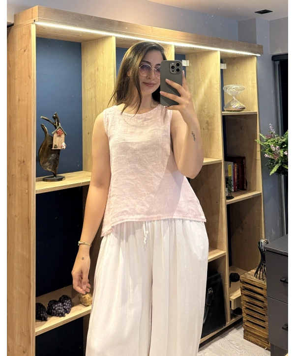 Kalın Askılı Arkadan Bağlamalı Keten Bluz Pudra