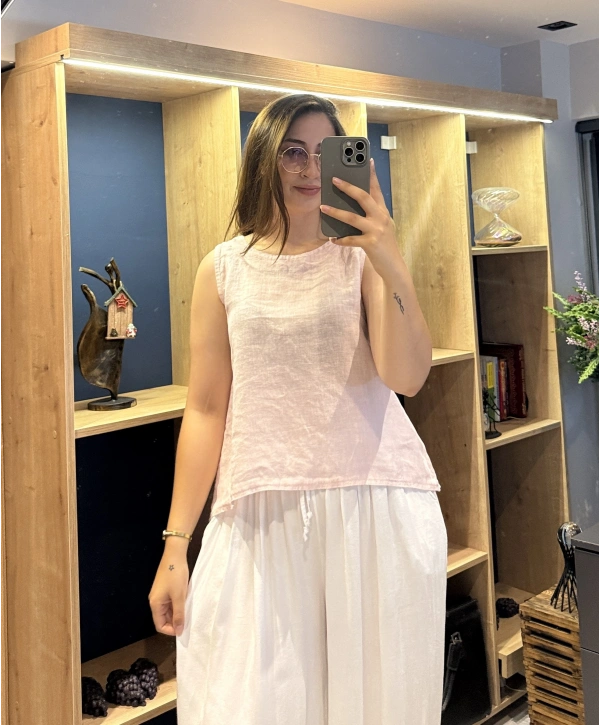 Kalın Askılı Arkadan Bağlamalı Keten Bluz Pudra