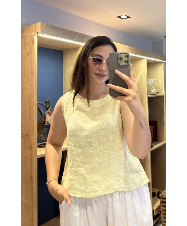 Kalın Askılı Arkadan Bağlamalı Keten Bluz Sarı