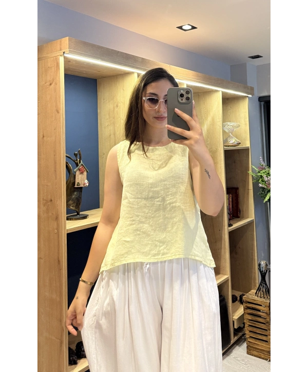 Kalın Askılı Arkadan Bağlamalı Keten Bluz Sarı