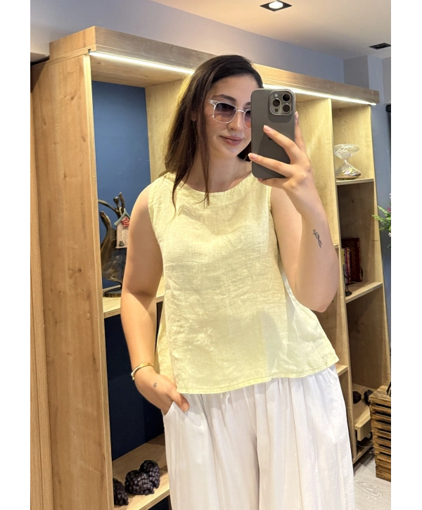 Kalın Askılı Arkadan Bağlamalı Keten Bluz Sarı