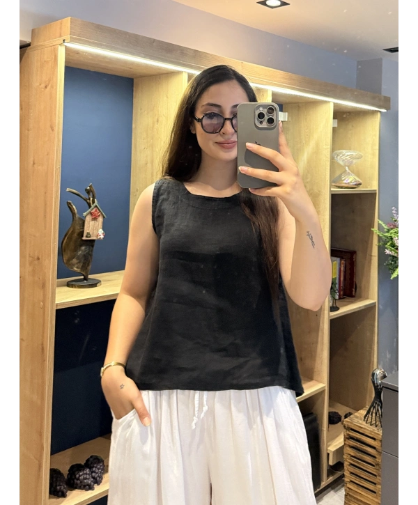 Kalın Askılı Arkadan Bağlamalı Keten Bluz Siyah