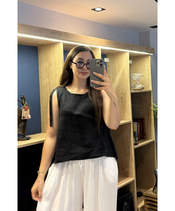 Kalın Askılı Arkadan Bağlamalı Keten Bluz Siyah