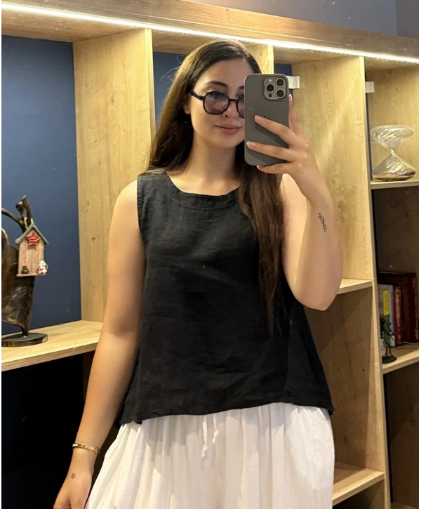 Kalın Askılı Arkadan Bağlamalı Keten Bluz Siyah