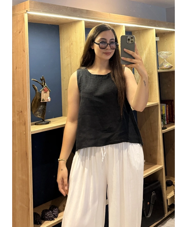 Kalın Askılı Arkadan Bağlamalı Keten Bluz Siyah