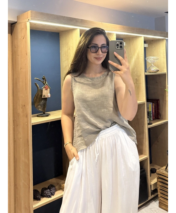 Kalın Askılı Arkadan Bağlamalı Keten Bluz Vizon
