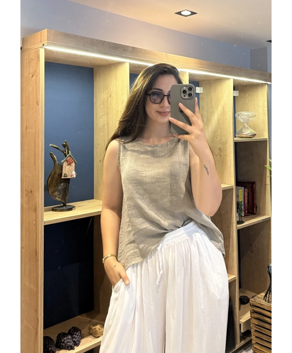 Kalın Askılı Arkadan Bağlamalı Keten Bluz Vizon