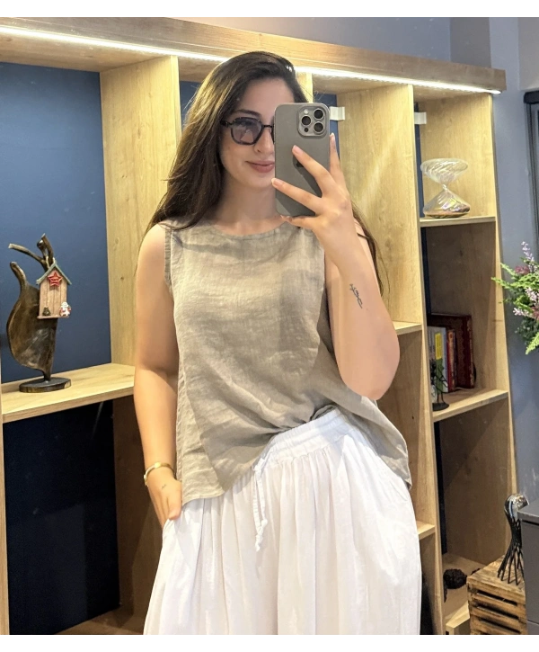 Kalın Askılı Arkadan Bağlamalı Keten Bluz Vizon
